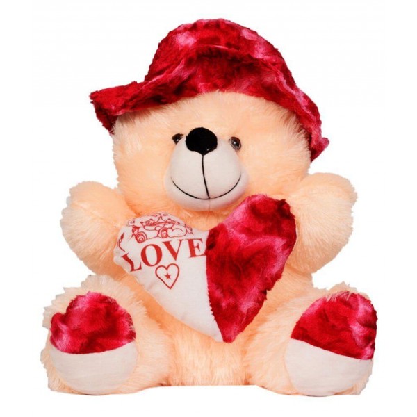 Giant 4.5 feet teddy bear wearing rose fur cap in sitting position